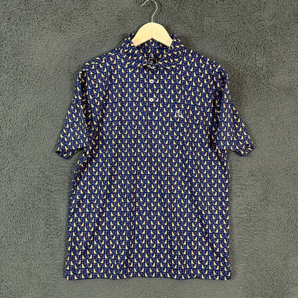 Rhoback Polo Shirt Mens Medium Blue Golden Retriever Print Golf Stretch